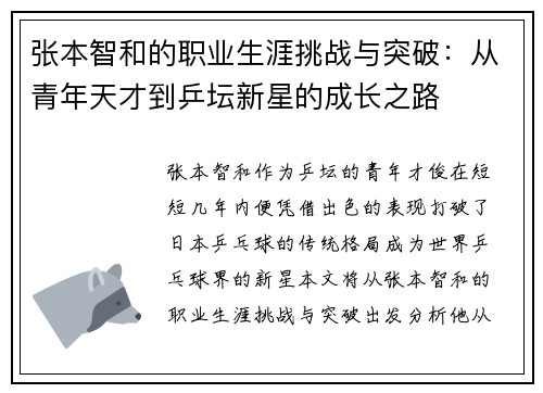 张本智和的职业生涯挑战与突破：从青年天才到乒坛新星的成长之路
